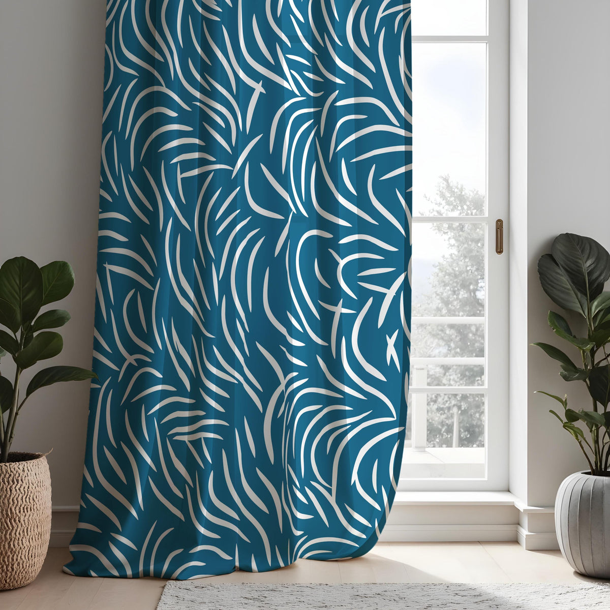 Teal Blue & White Abstract Curtains, Modern Pattern Drapes
