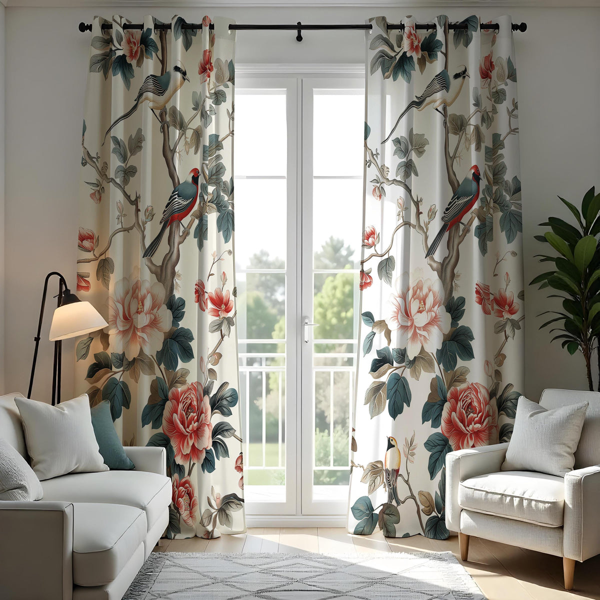 Chinoiserie Bird Curtains, Floral Botanical Custom Drapes