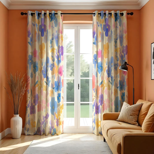 Pastel Watercolor Floral Curtains, Spring Flower Drapes