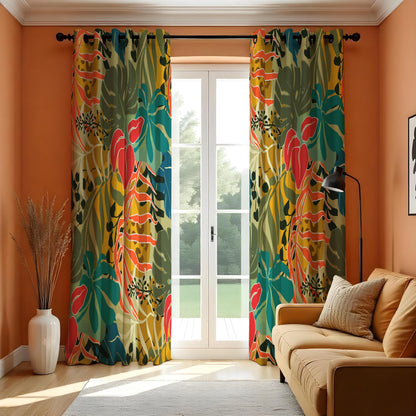 Red & Green Jungle Leaf Curtains, Tropical Window Drapes