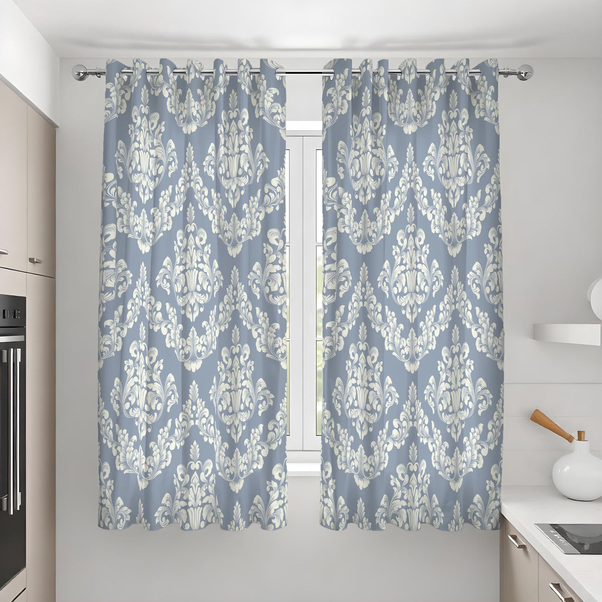 Grey Damask Curtains, Classic Baroque Farmhouse Drapes