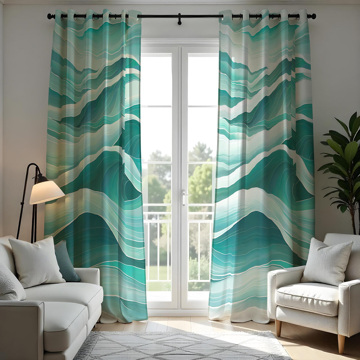Teal Ocean Wave Curtains, Aqua Blue Coastal Abstract Drapes