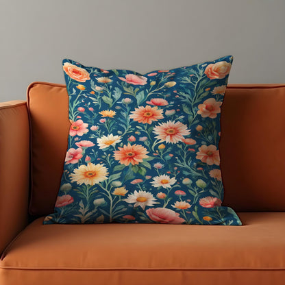 Wildflower Meadow Cushion Cover, Yellow & Coral Floral Pillow Case