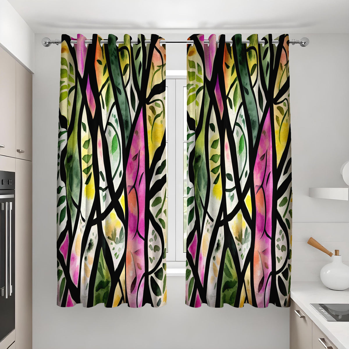 Stained Glass Forest Curtains, Colorful Tree & Leaf Drapes