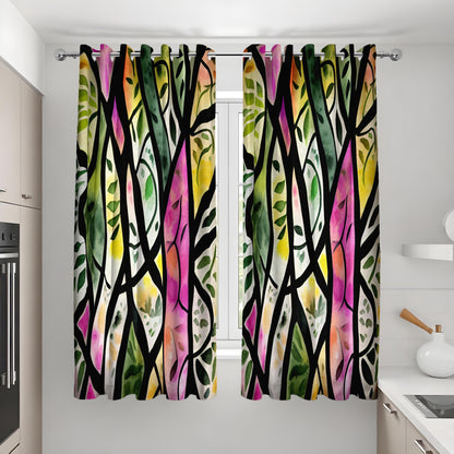Stained Glass Forest Curtains, Colorful Tree & Leaf Drapes