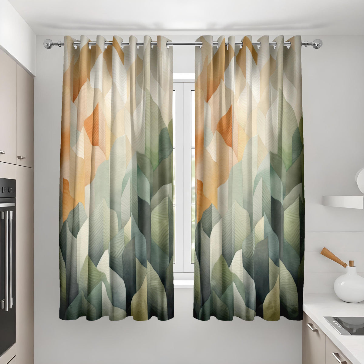 Earth Tone Geometric Leaf Curtains, Neutral Boho Drapes