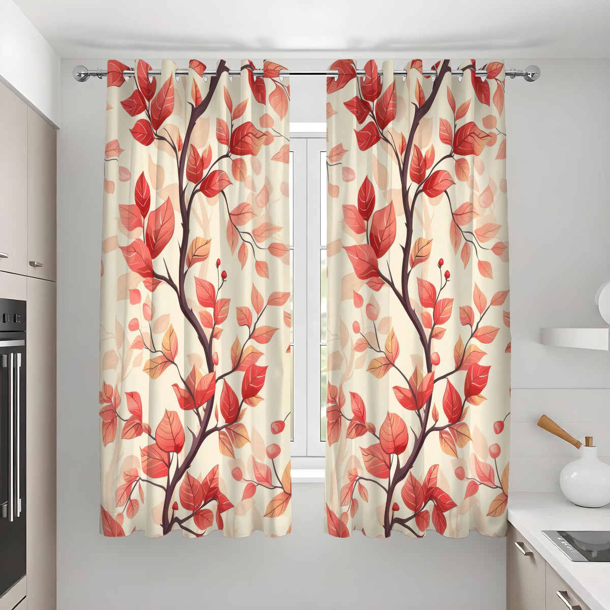 Red Autumn Leaf Curtains, Warm Fall Botanical Drapes
