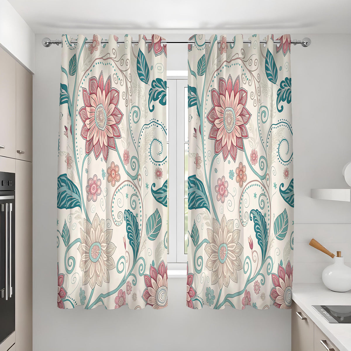 Teal & Pink Mandala Floral Curtains, Boho Window Drapes