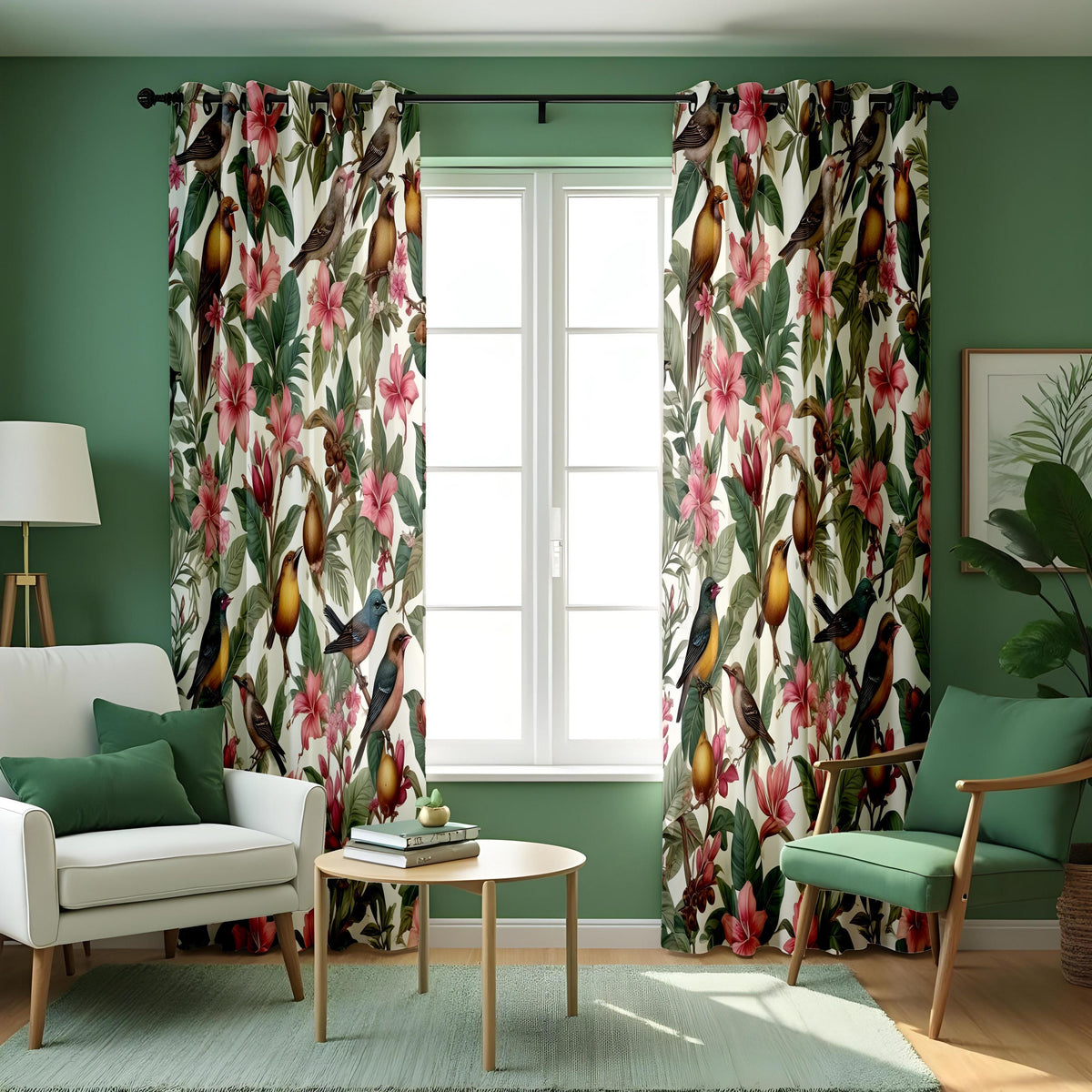 Tropical Bird & Flower Curtains, Vibrant Botanical Drapes