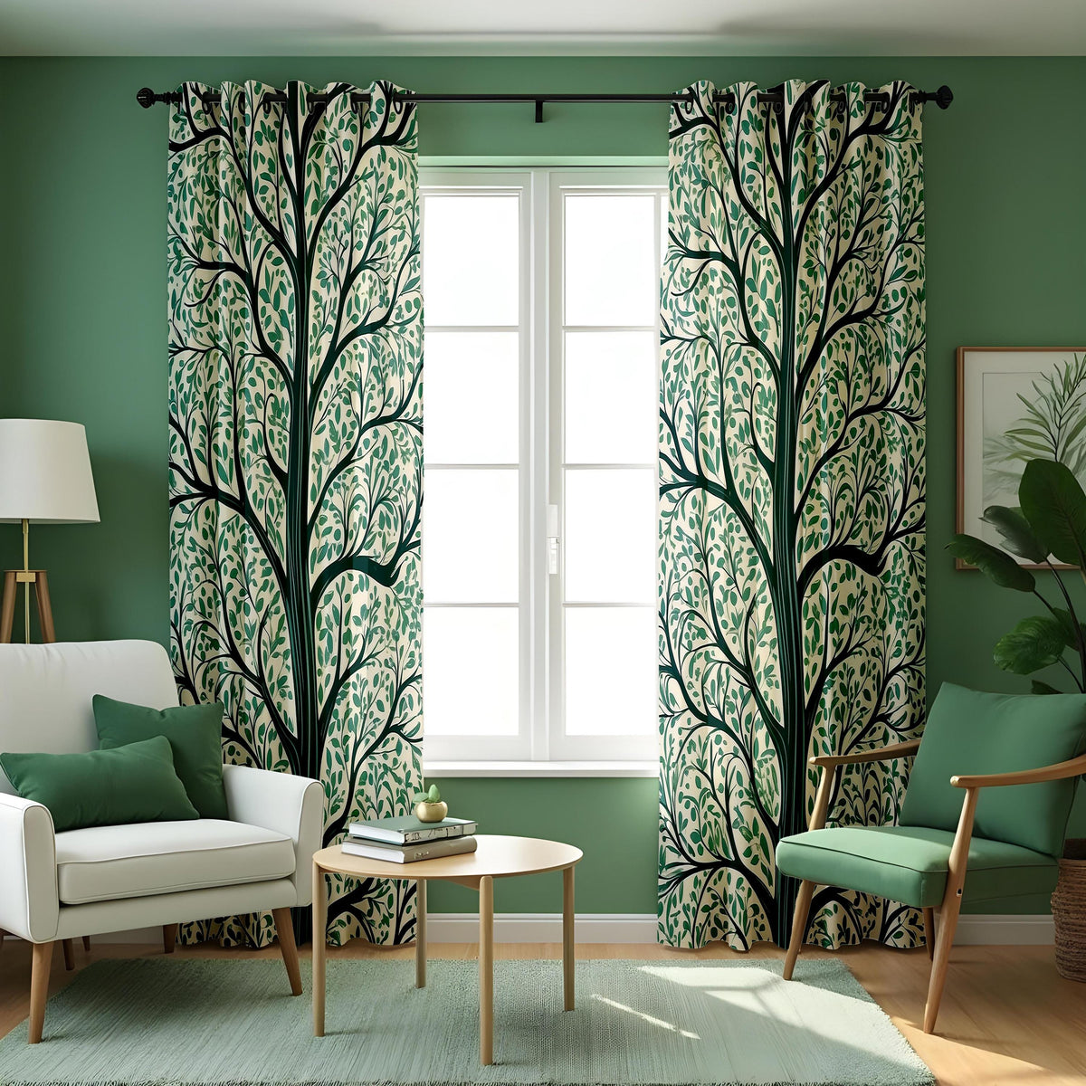 Green Tree Silhouette Curtains, Branch & Leaf Botanical Drapes