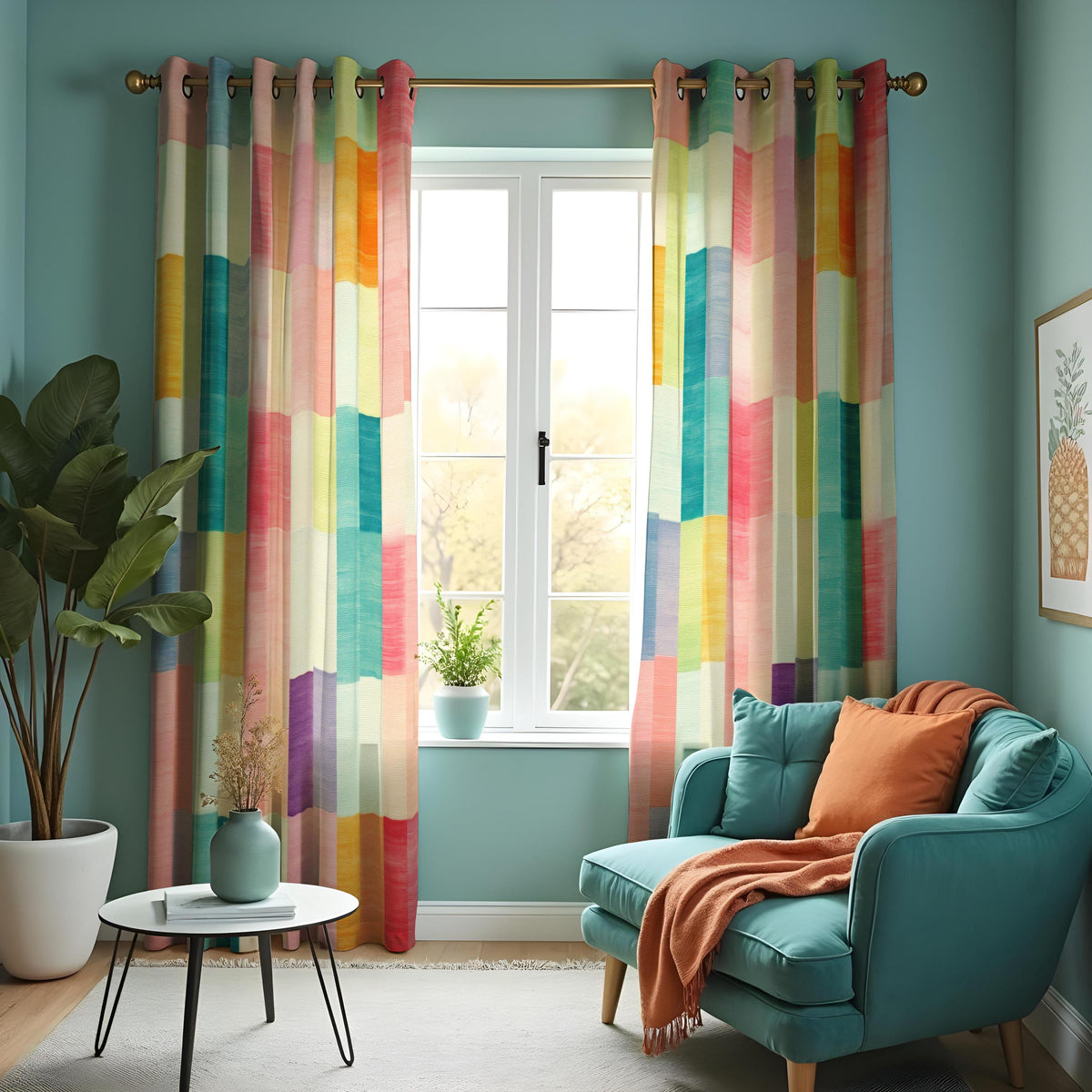 Rainbow Striped Geometric Curtains, Kids Playroom Drapes
