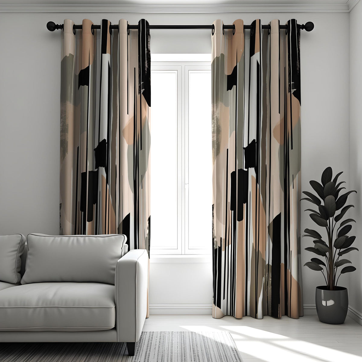 Neutral Abstract Curtains, Beige & Black Minimalist Drapes