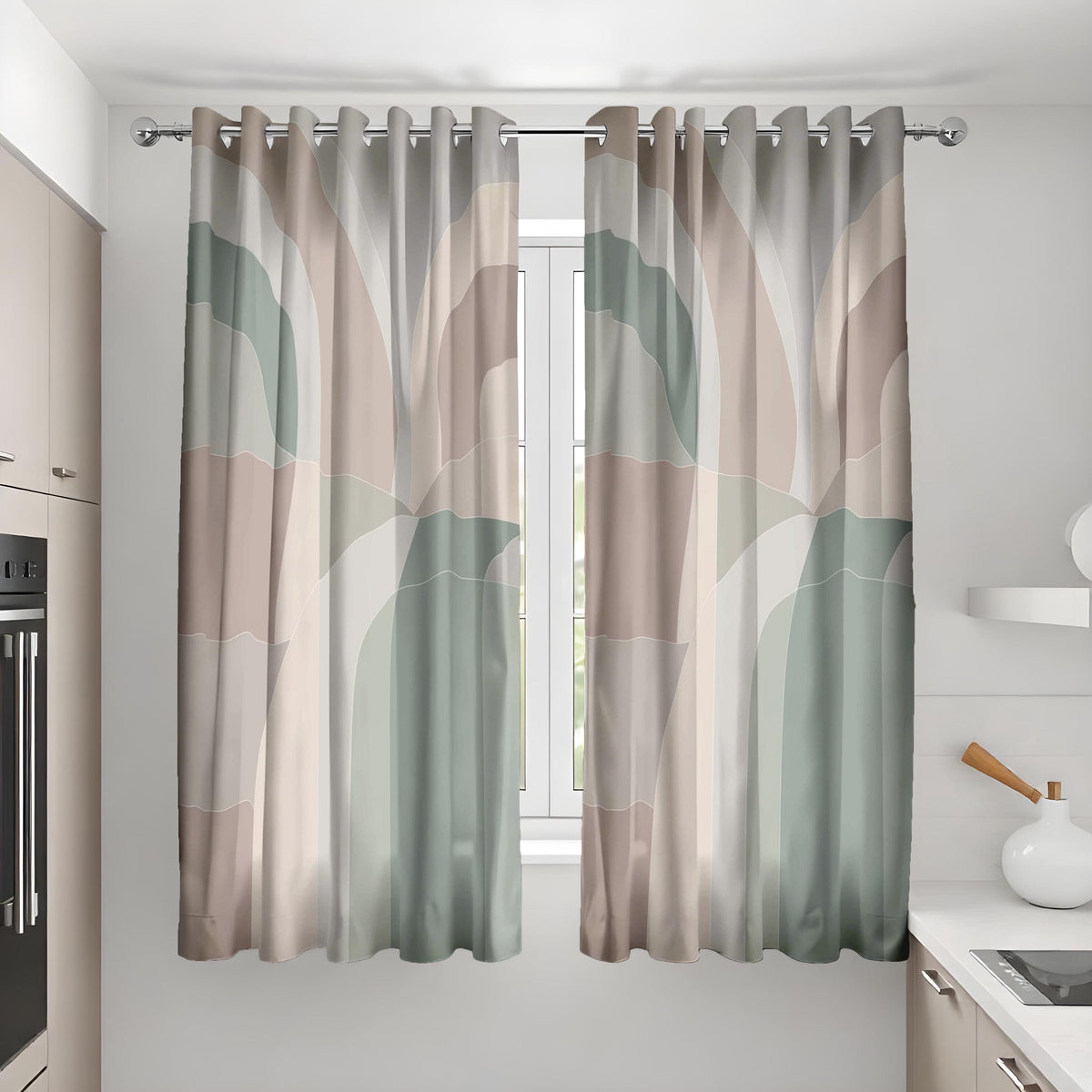 Beige Sage Arch Curtains, Neutral Minimalist Drapes