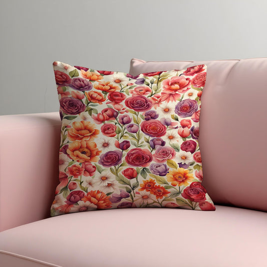 Colorful Garden Floral Cushion Cover, Purple & Orange Flowers Pillow Case