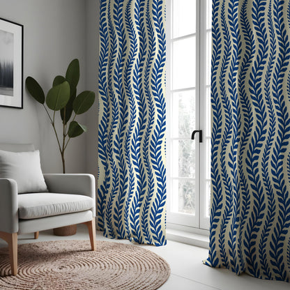 Navy & Cream Leaf Curtains, Nautical Coastal Wave Drapes