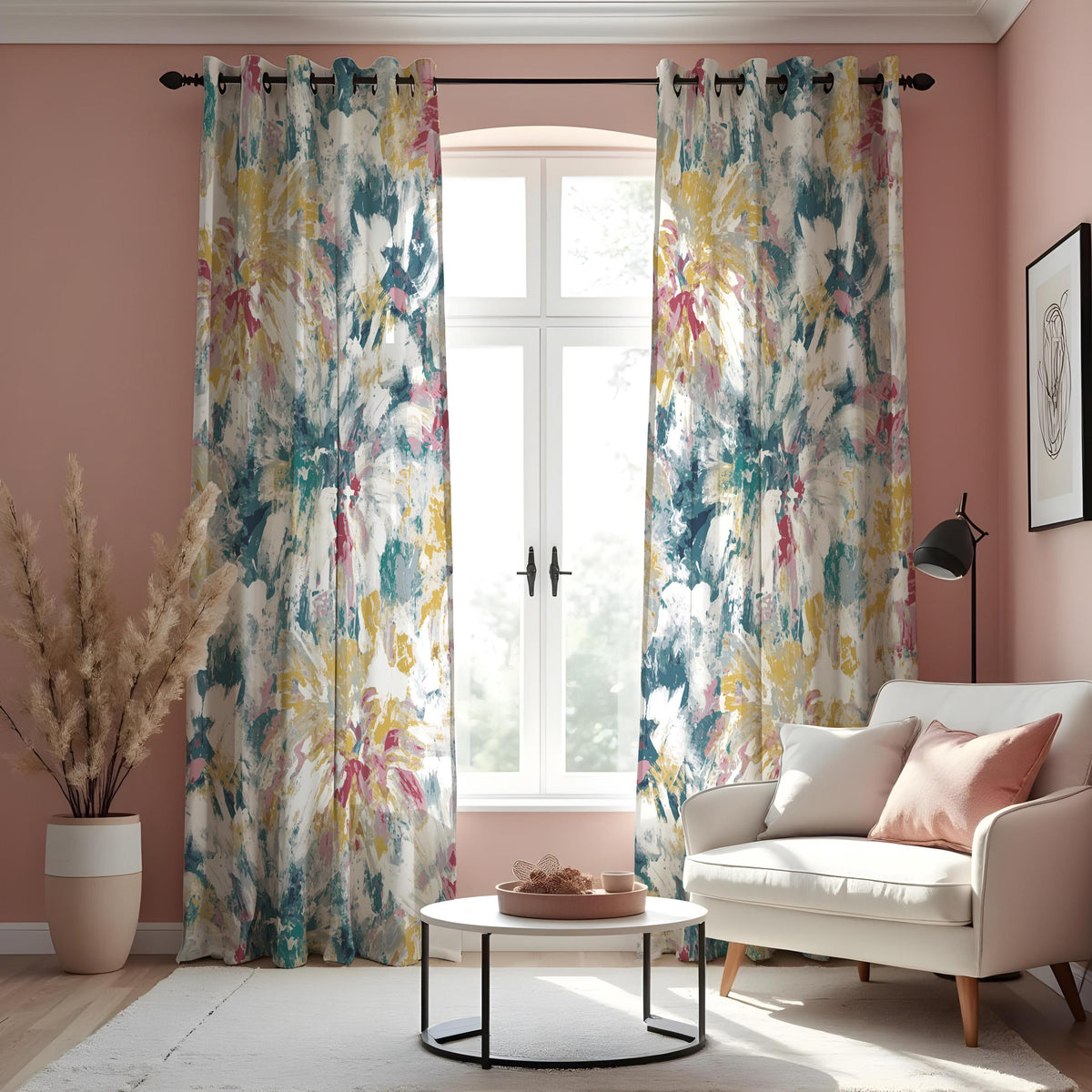 Blue Pink Yellow Watercolor Floral Curtains, Abstract Drapes