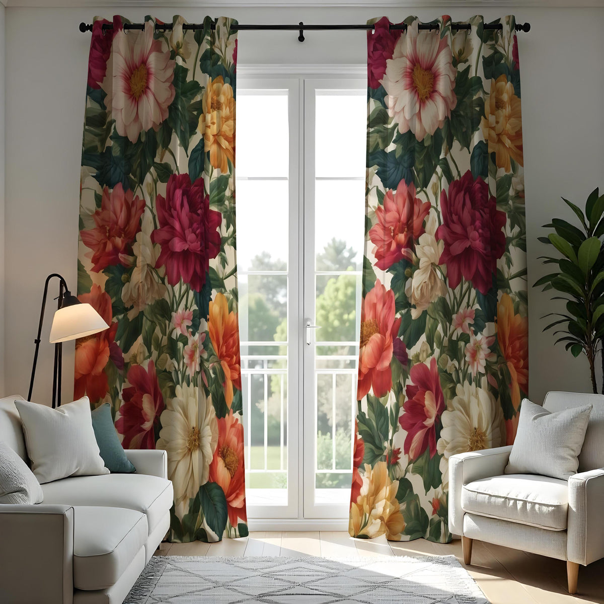 Dark Floral Curtains, Large Bloom Classic Botanical Drapes