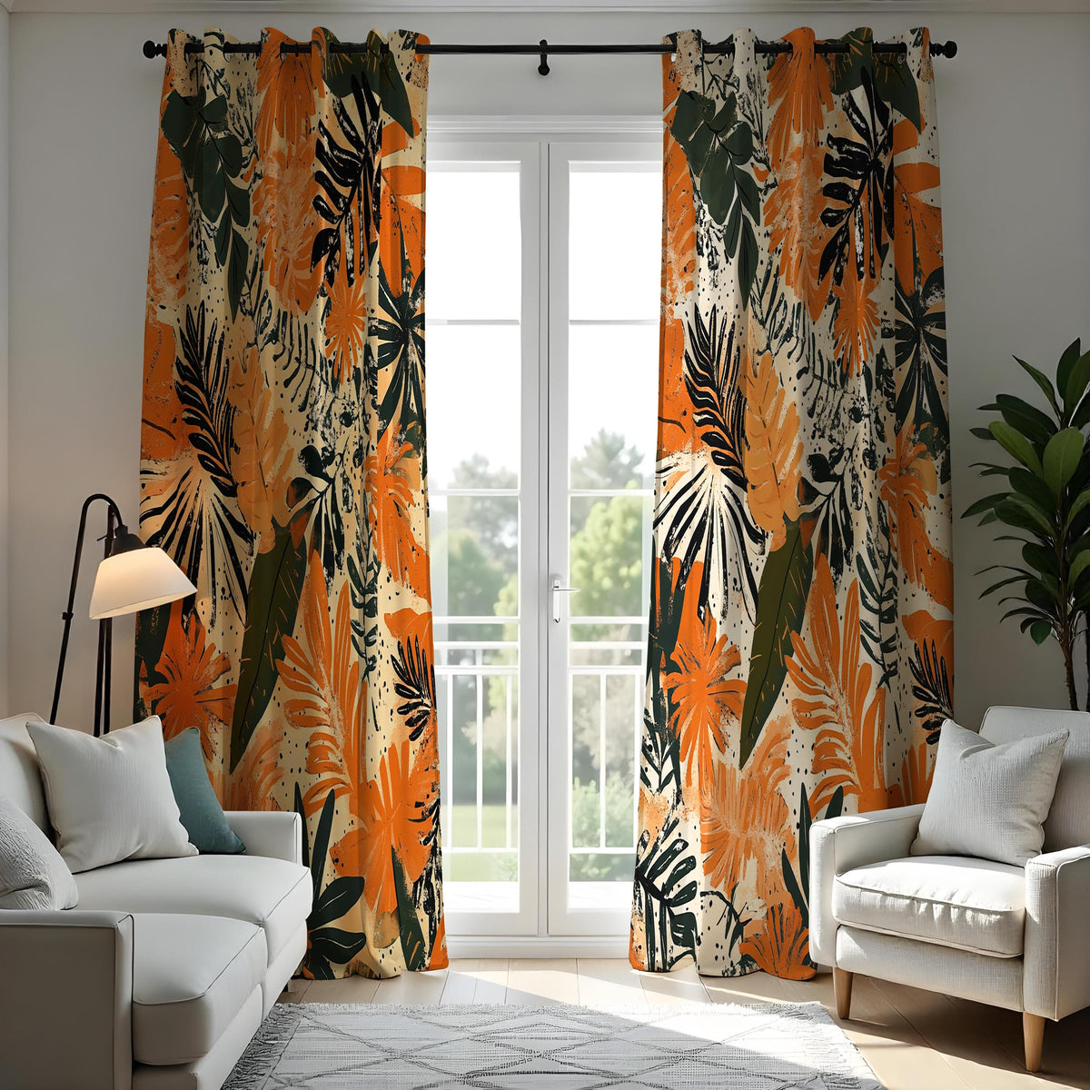 Orange Tropical Leaf Curtains, Jungle Foliage Window Drapes