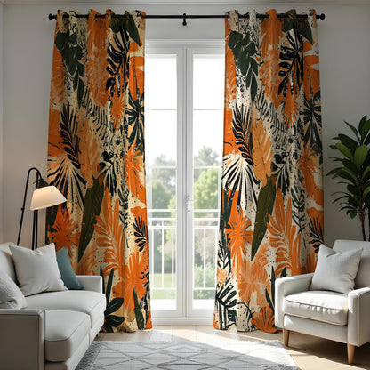 Orange Tropical Leaf Curtains, Jungle Foliage Window Drapes