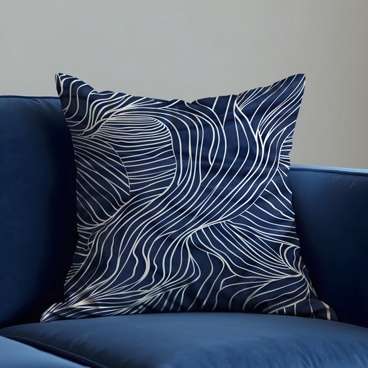 Navy Blue Wave Throw Pillow Cover, Coastal Cushion Case