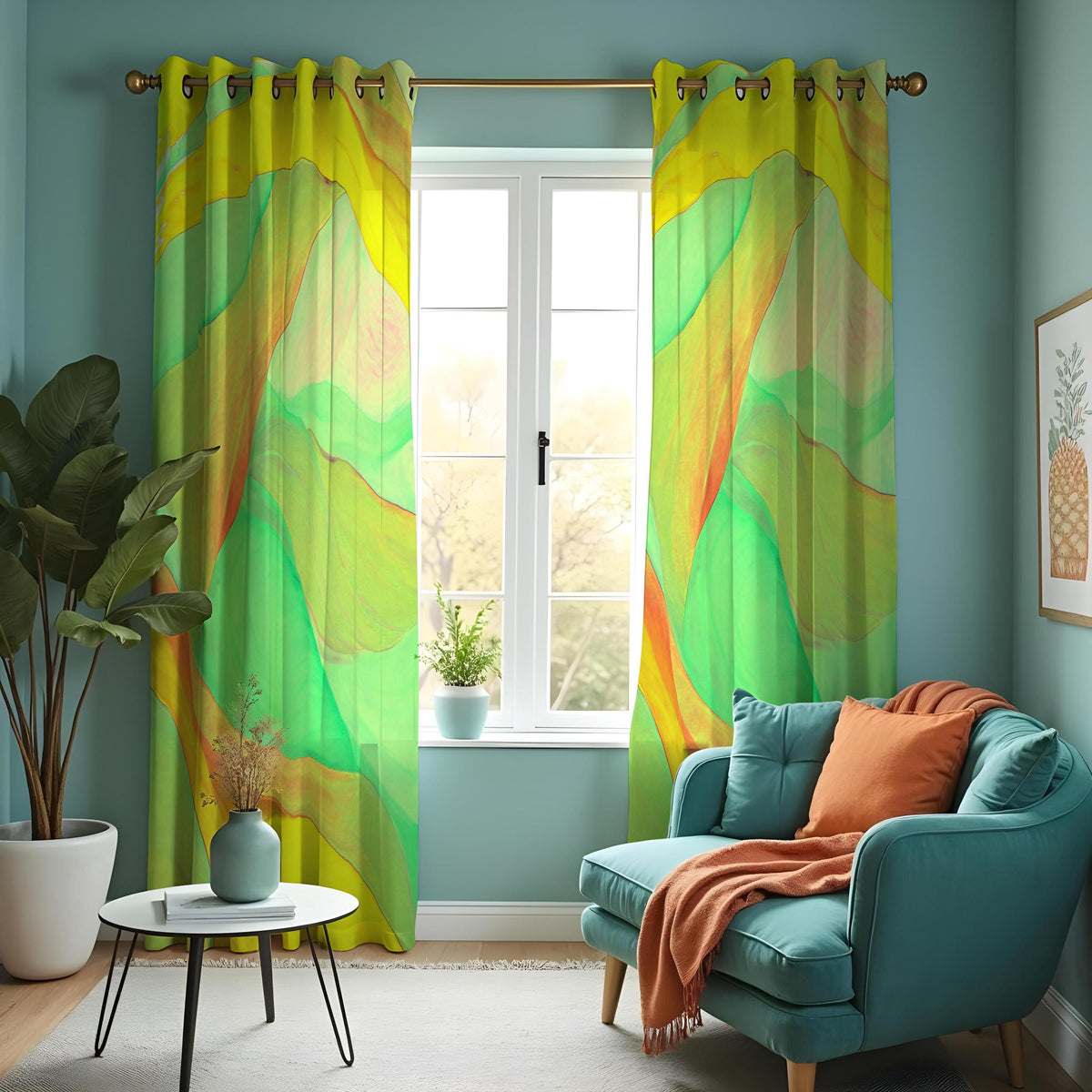 Green Yellow Fluid Wave Curtains, Abstract Window Drapes
