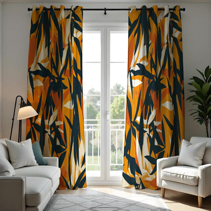 Orange Abstract Brushstroke Curtains, Artistic Leaf Drapes