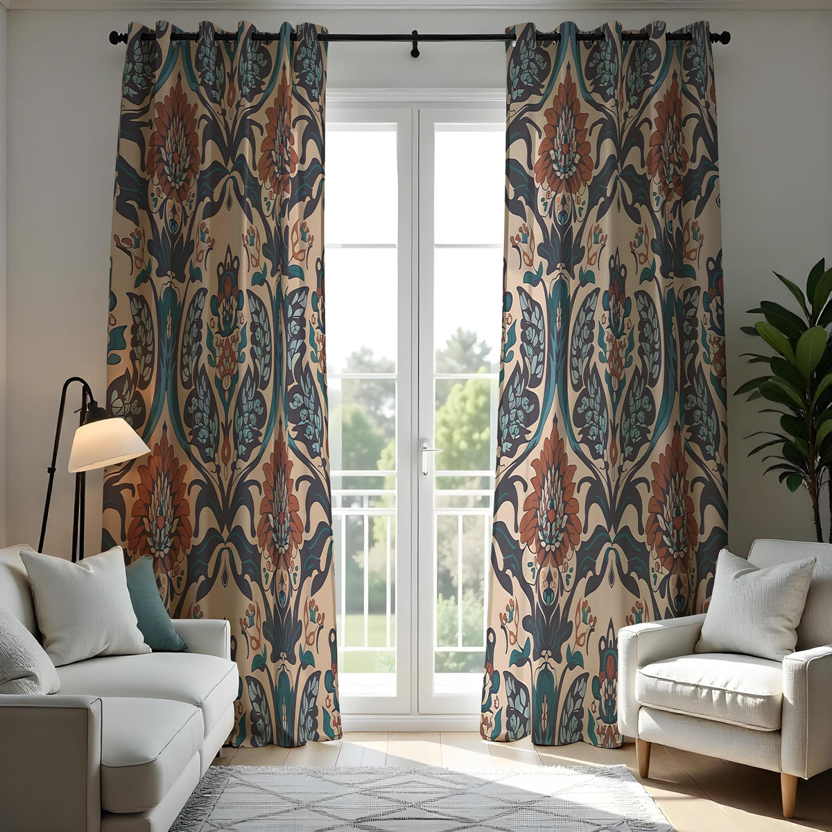Teal & Rust Damask Floral Curtains, Boho Baroque Drapes