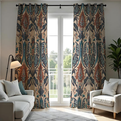 Teal & Rust Damask Floral Curtains, Boho Baroque Drapes