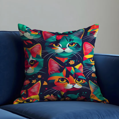 Colorful Cat Cushion Cover, Bold Abstract Kitty Faces Pillow Case