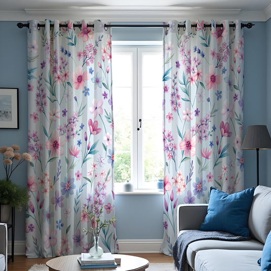 Pastel Pink Purple Wildflower Curtains, Eyelet Floral Drapes