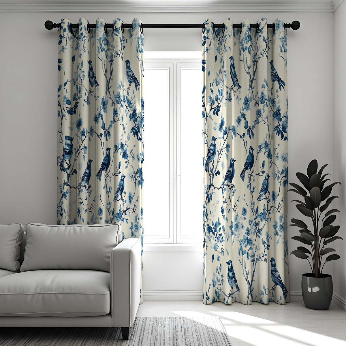 Blue Bird Chinoiserie Curtains, Bird & Branch Drapes