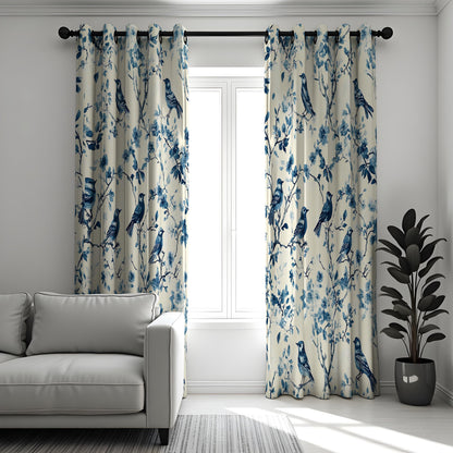 Blue Bird Chinoiserie Curtains, Bird & Branch Drapes