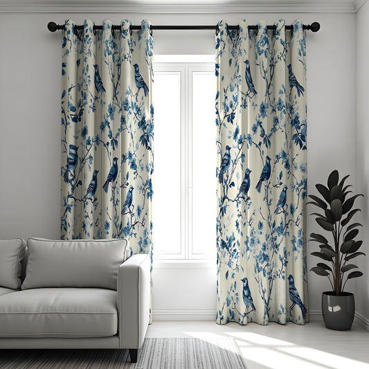 Blue Bird Chinoiserie Curtains, Bird & Branch Drapes