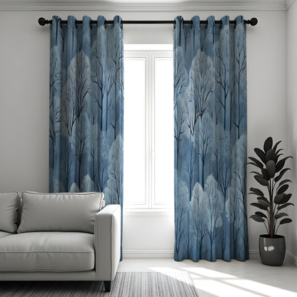Blue Snowy Forest Curtains, Winter Woodland Tree Drapes