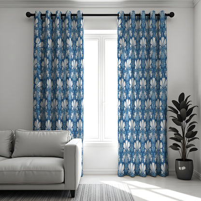 Blue Art Deco Curtains, Classic Geometric Window Drapes