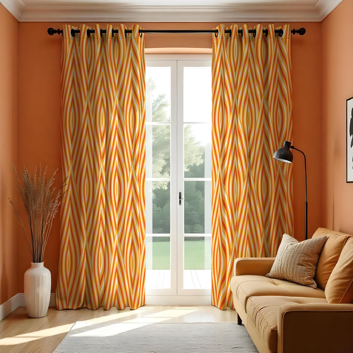 Orange Retro Geometric Curtains, Mid Century Custom Drapes