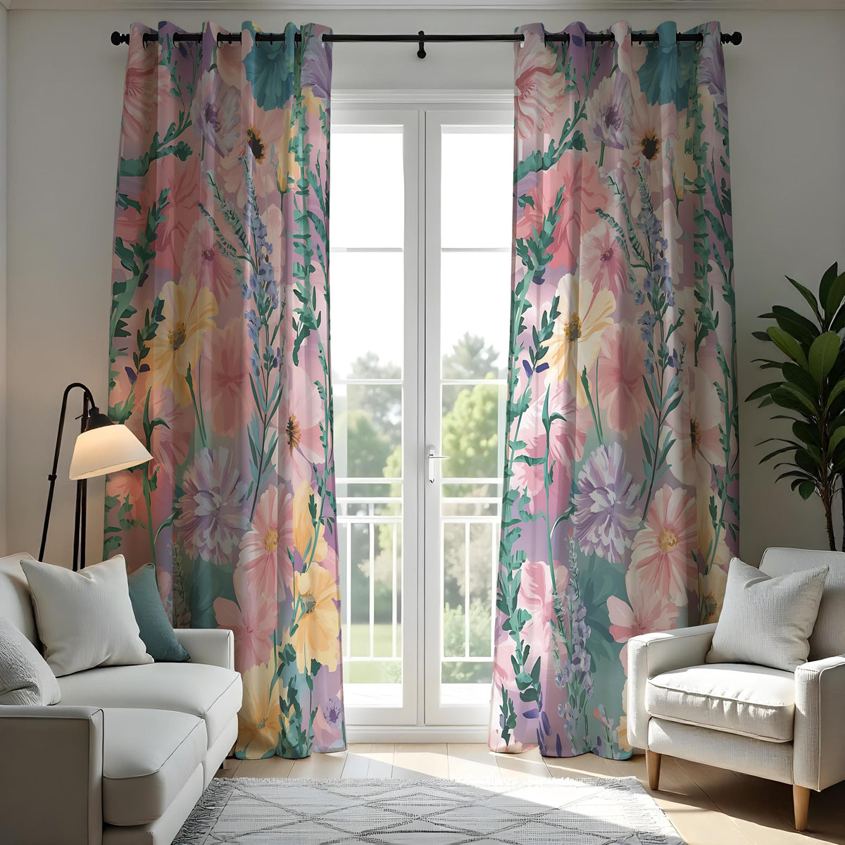 Pastel Pink & Yellow Wildflower Curtains, Watercolor Drapes
