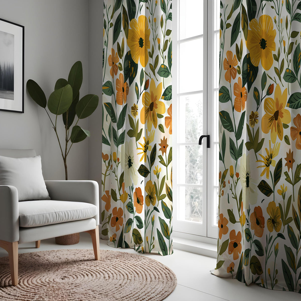 Yellow Floral Print Curtains, Summer Botanical Drapes
