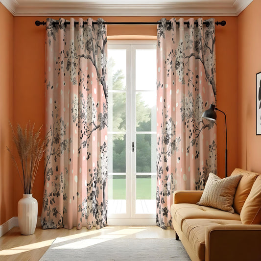 Blush Pink Floral Tree Curtains, Polka Dot Botanical Drapes