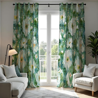 Teal Floral Curtains, Watercolor White Flower Drapes