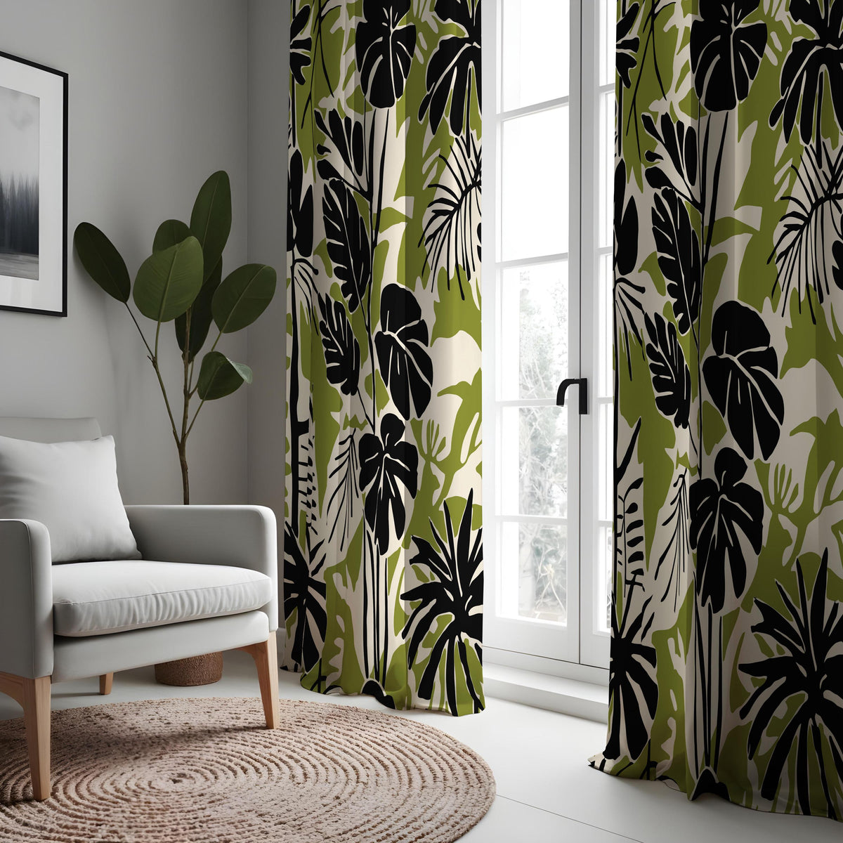 Green & Black Monstera Curtains, Tropical Leaf Print Drapes