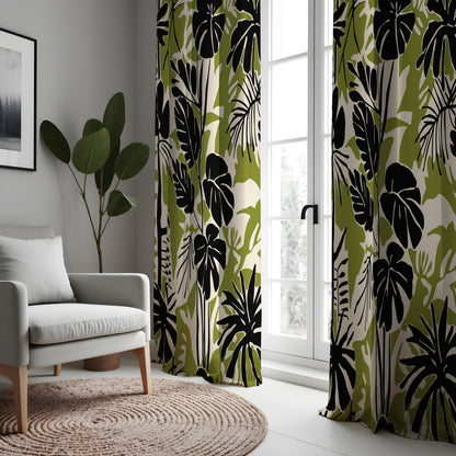 Green & Black Monstera Curtains, Tropical Leaf Print Drapes