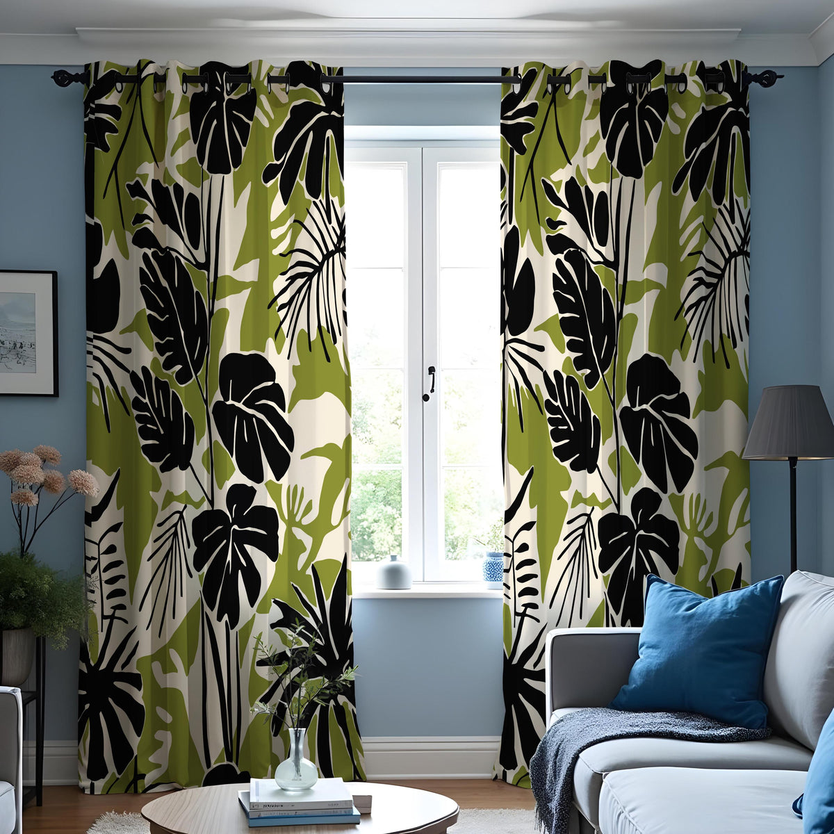 Green & Black Monstera Curtains, Tropical Leaf Print Drapes