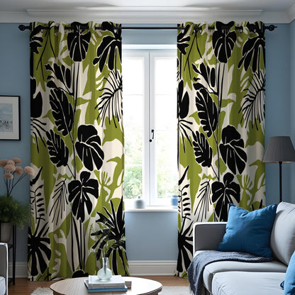 Green & Black Monstera Curtains, Tropical Leaf Print Drapes