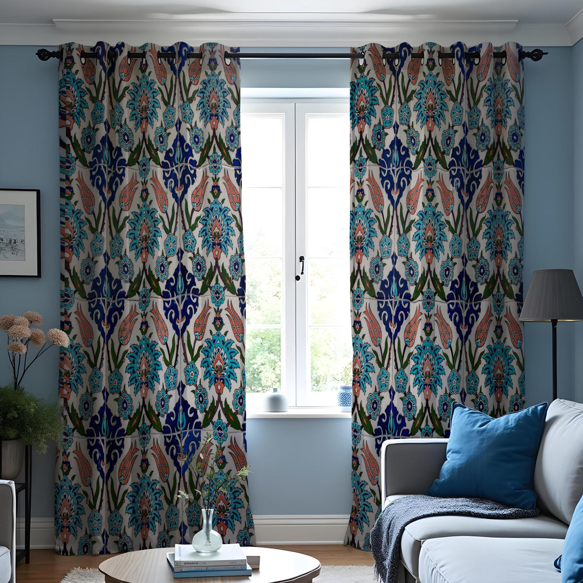 Blue & Orange Ikat Curtains, Boho Mediterranean Drapes