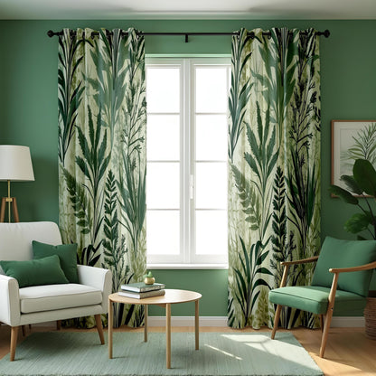 Green Tropical Leaf Curtains, Nature Botanical Print Drapes