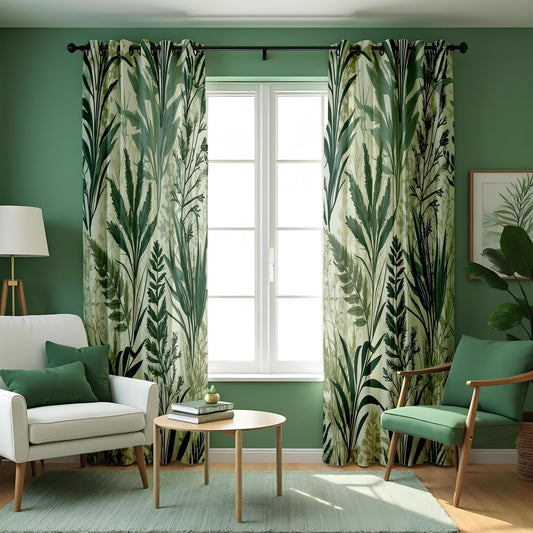 Green Tropical Leaf Curtains, Nature Botanical Print Drapes