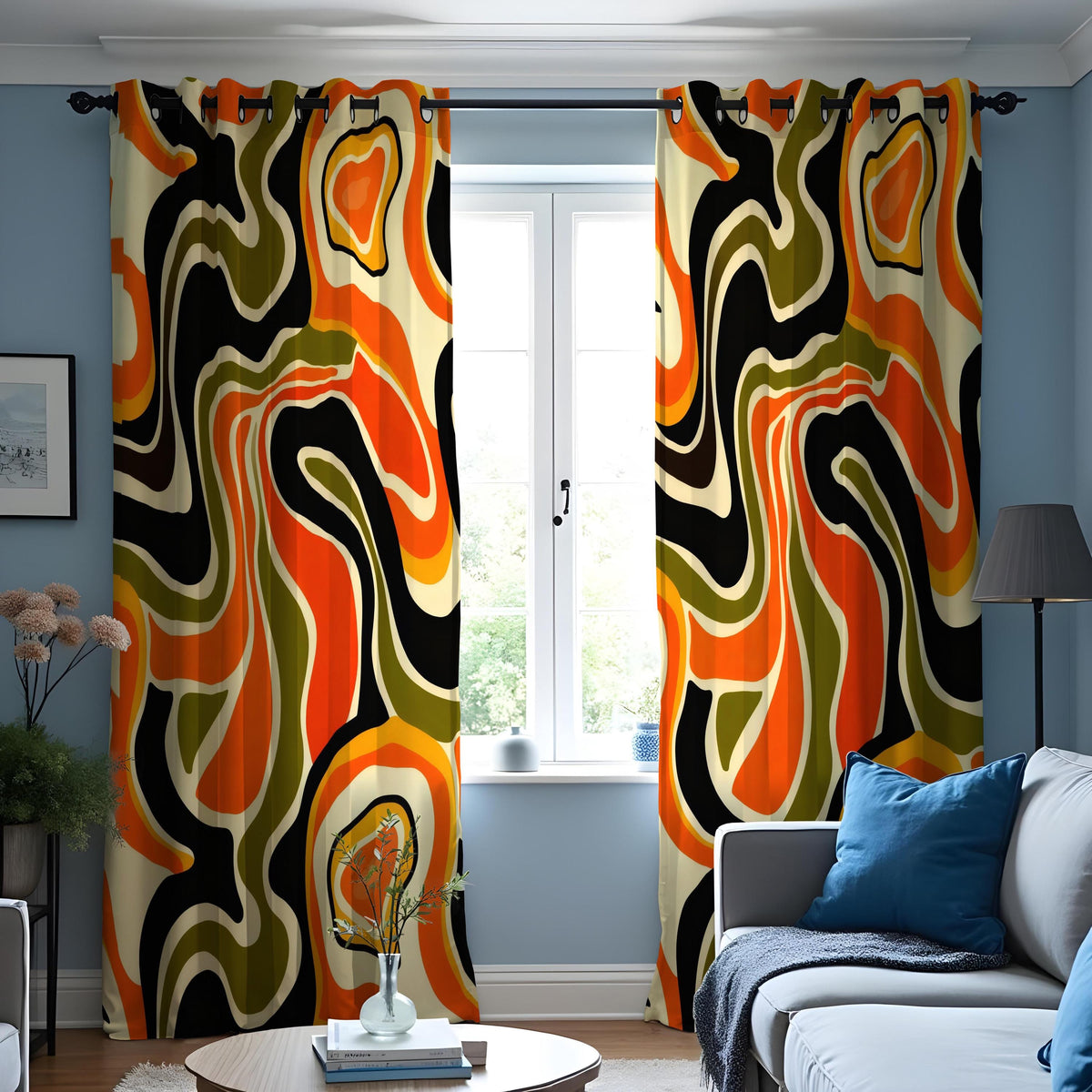 70s Retro Psychedelic Swirl Curtains, Orange Olive Drapes
