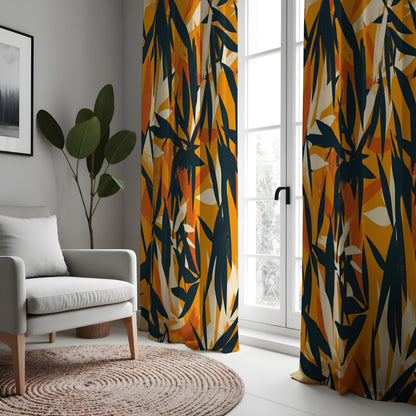 Orange Abstract Brushstroke Curtains, Artistic Leaf Drapes
