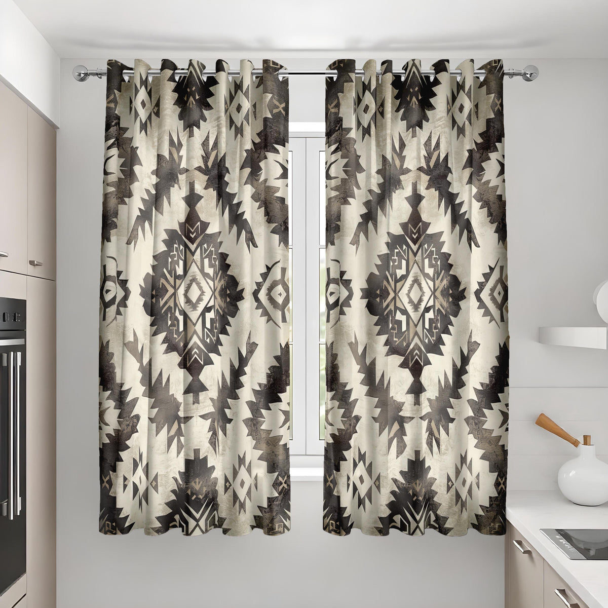 Neutral Aztec Curtains, Boho Tribal Western Window Drapes